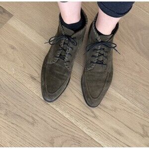 Saks Fifth Avenue Women's Green Ankle Shoes Leather Suede Boots 9.5 10 Lace Up